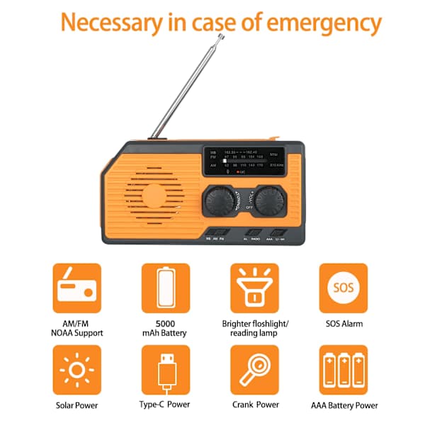 Vevradio med solcelle, lommelykt og 5000mAh batteri