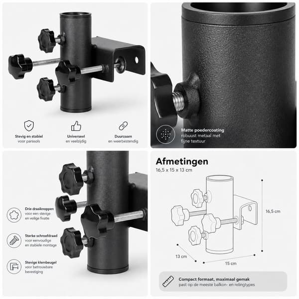 Paraplyklemmeholder, justerbar solid metallparasollfeste for lastesykler, markedsboder, terrasser og campingvogner, svart