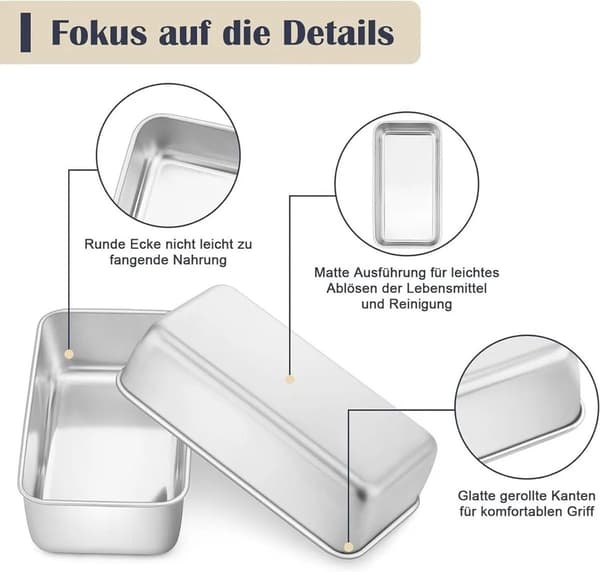 Rostfri rektangulär brödform för frukost, bento och barnlunch, silver, 22 x 14,5 x 6,2 cm, 2-pack