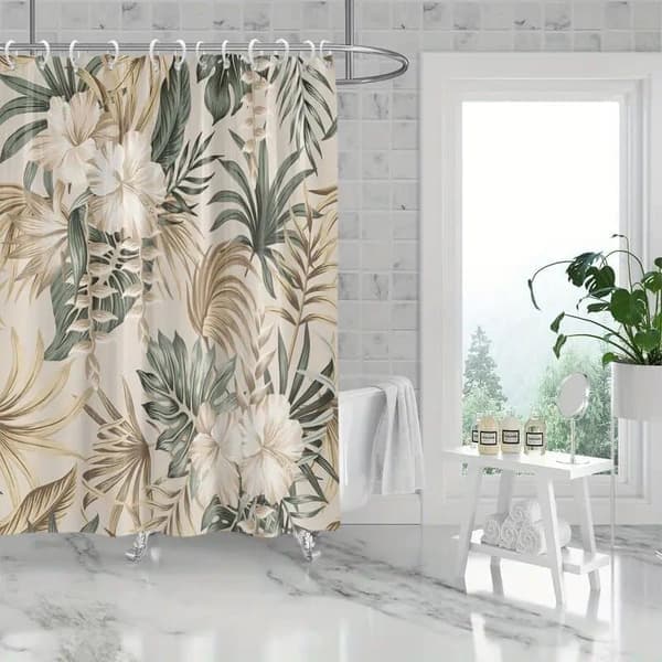 Elegant tropiskt hibiskusblommigt duschdraperi, badrumsdraperi med krokar, polyester