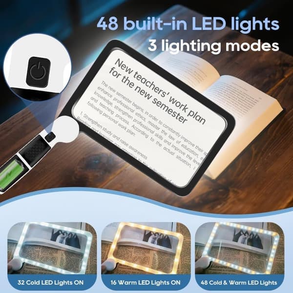 5X forstørrelsesglas med 48 LED-lys til læsning - 3 tilstande