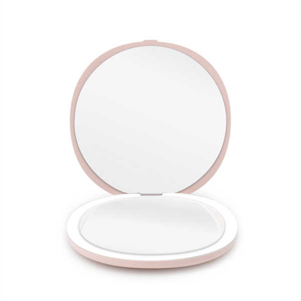 Compact Double-Sided Makeup Mirror with LED (5x Magnification) - Pink