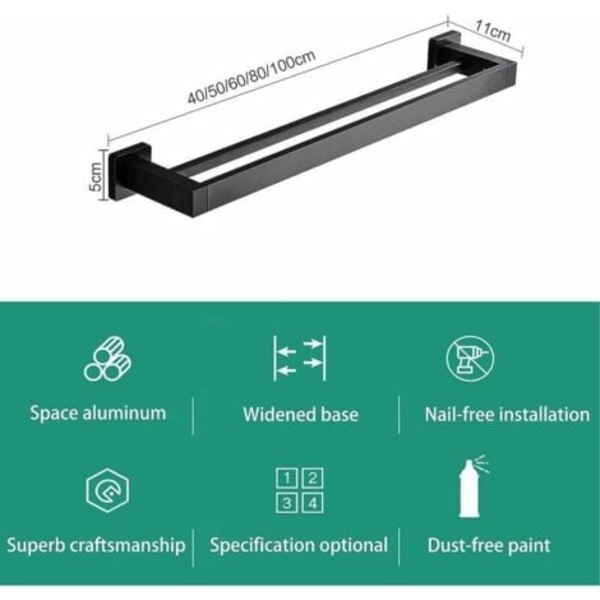 QQU-Matt Sort Håndklestang Dobbel Håndkleholder Veggmontert Rustfritt Stål 2 Stenger Baderomshylle Baderomstilbehør (Størrelse : 60CM)575g