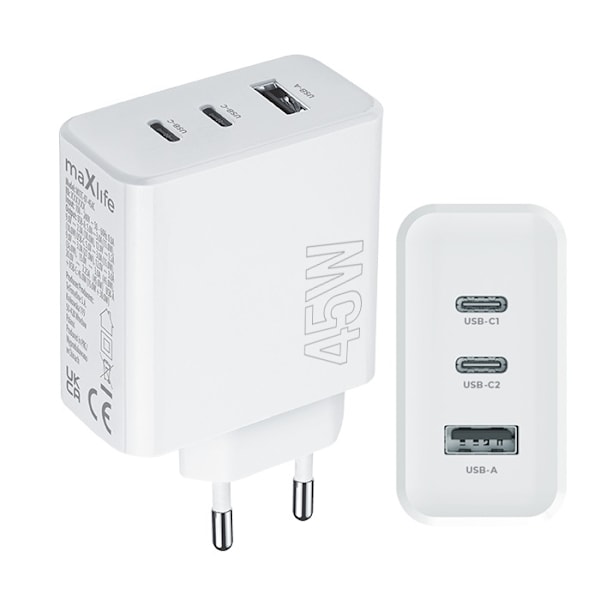 45W PD iPhone, Samsung QC Hurtig Vegglader 2xUSB-C 1xUSB Hvit_qu White Vit