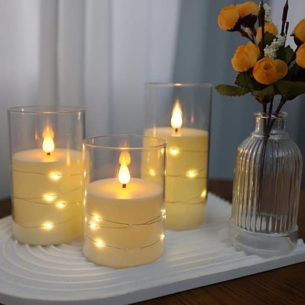 /QD/LED-ljus - Falska ljus - LED-ljus med fladdrande låga - 3 flamlösa ljus - Inbyggd ljusslinga, Elektriskt ljus