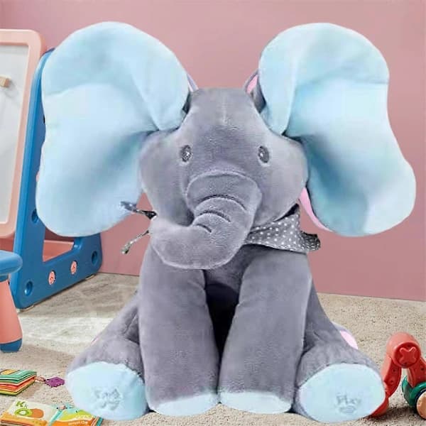 Adorable Blue Musical Elephant Plush, Peek-a-Boo Singing Toy for Babies