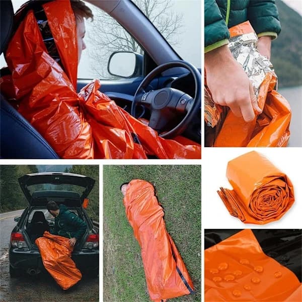 2 × Bärbar Vattentät Sovsäck Vattentät Termisk Nödsovsäck för Utomhusbruk Camping Överlevnadssäck (Med visselpipa) Orange