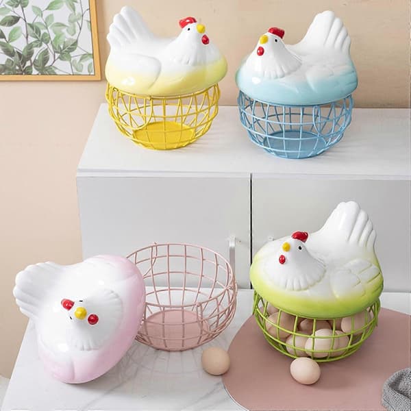 Country Style Wire Metal Egg Basket, Creative Egg Gathering Basket with Chicken, Egg Holder for Collecting Fresh Eggs