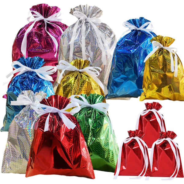 [QD] 12-pak Solid Farvede Folie Gaveposer Multipack Lynlås Gaveposer, 6 Farver Shimmer Indpakningsposer, Genanvendelige Jumbo Julepose