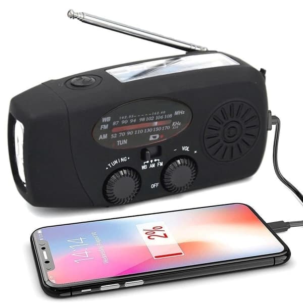 Håndsvingradio med solceller / lommelygte - 2000mAh Powerbank Sort