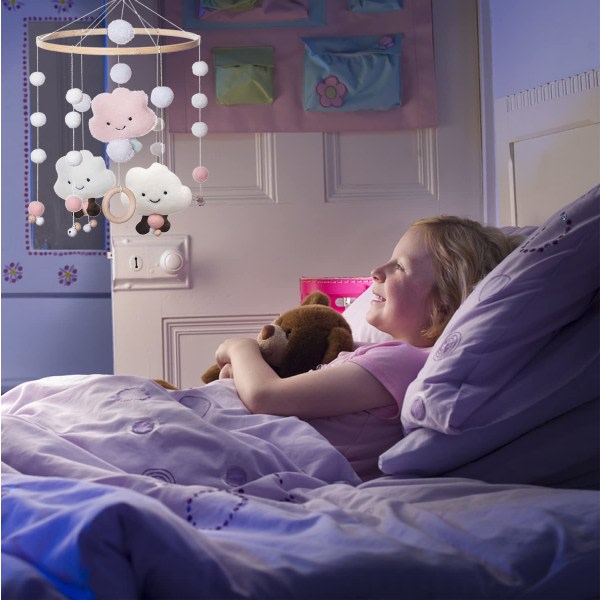 Mobila baby vindspel, mobil baby flicka, mobil baby wood med filtkulor 3D moln, mobil baby girl säng klockhänge för barnsäng pojkar och flickor, rosa