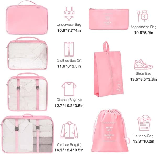 Pakkekuber - Organizer til kuffert - 7 stk. - Pink