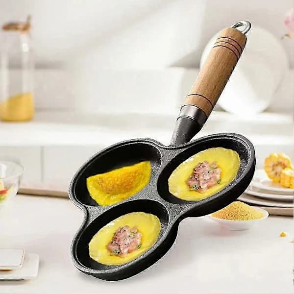 3-kopps eggepanne, non-stick jernfrokostomelettpanne for egg, pannekaker og bacon, svart