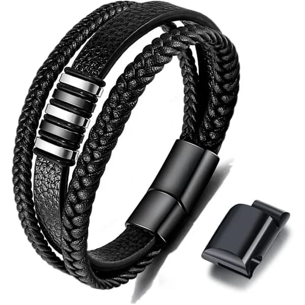 Sort læderarmbånd til mænd - Gave til mænd 23 cm