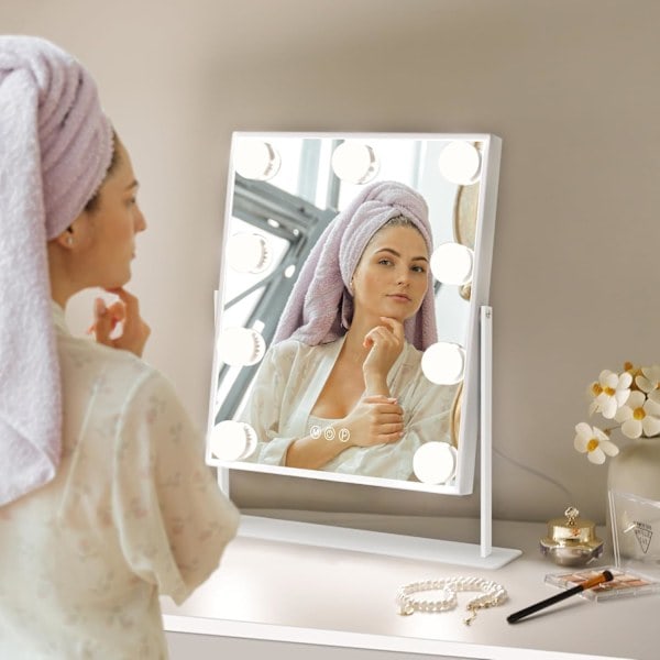 [QD] Hollywood makeup spejl med lys, 3 farvetemperaturer og 9 dæmpbare pærer, smart touch-kontrol, 360° rotation, hvid