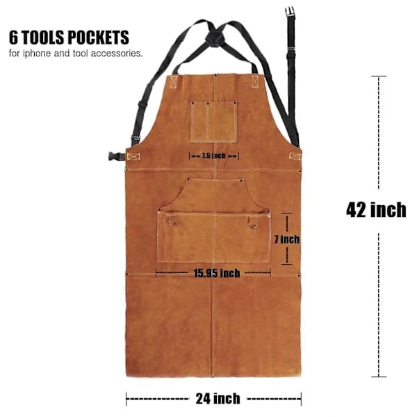 Leather Welding Apron - Heat and Flame Resistant Thick Forge Apron with 6 Pockets, 42 Inch