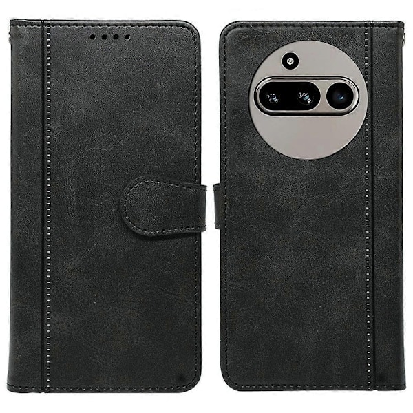 QD-Kompatibelt med Nothing Phone (3a) Cover Kalveskindsstruktur Læder Stativ Bogstil Mobilcover - Rød Sort