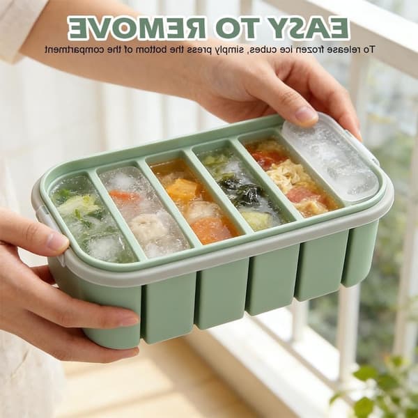 Silikonfrysform med lock, 6 portioner med påfyllningslinjer, livsmedelssäker för soppa, buljong, barnmat, diskmaskins- och mikrovågssäker, grön, 2-pack