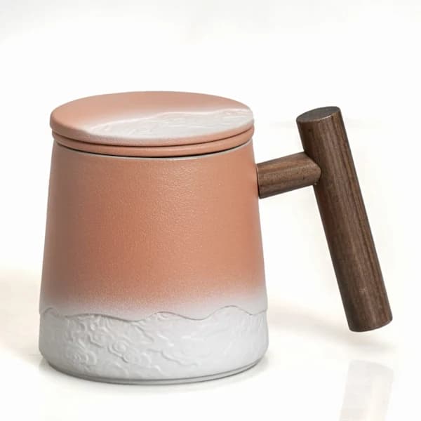 Ceramic Tea Cup with Infuser and Lid (38 cl), Tea Mug with Wooden Handle, Gradient Pattern and Cloud Sculpture Gift Packaging for Various Holidays (Pink)
