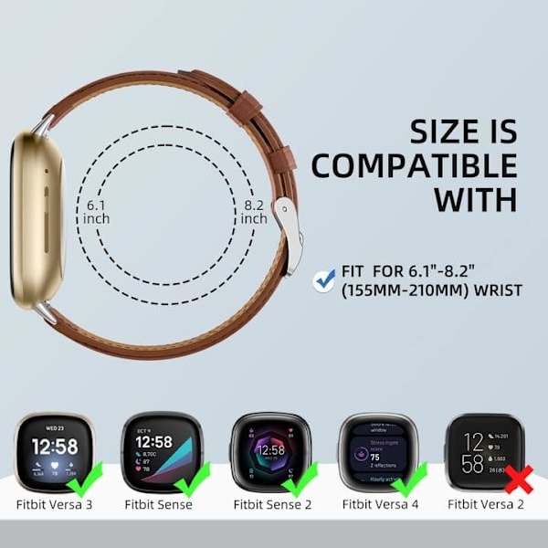 [QD] Läderarmband Kompatibelt med Fitbit Versa 3/Fitbit Sense 2/Sense Armband, Äkta Läder Elegant Ersättningsarmband, Brun