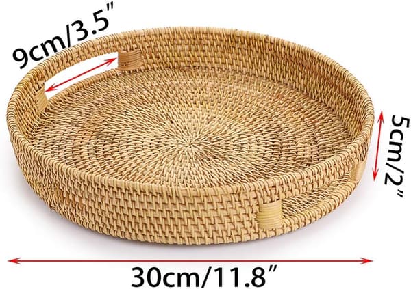 Round Woven Rattan Serving Tray with Handles for Coffee, Drinks, Breakfast, Tea, Candles