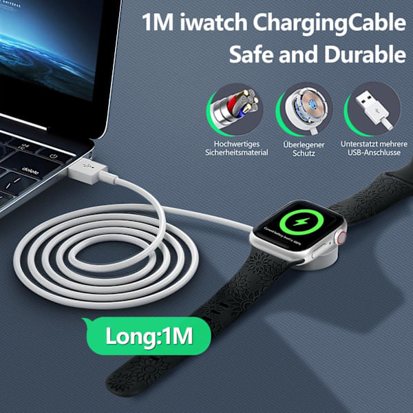 [QD] Kompatibel med Apple Watch magnetisk ladekabel for iWatch Series Ultra SE 8 7 6 5 4 3 2 1 Watch lader 1m lang