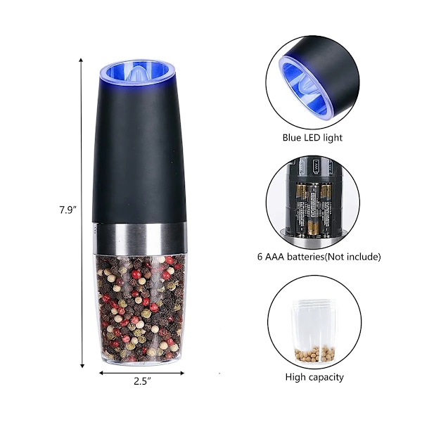 QU.Electric Salt og Pepperkvern Sett, Automatiske Krydderkverner med Gravitasjonssensor, Saltkvern med LED-lys, Justerbar Grovhet
