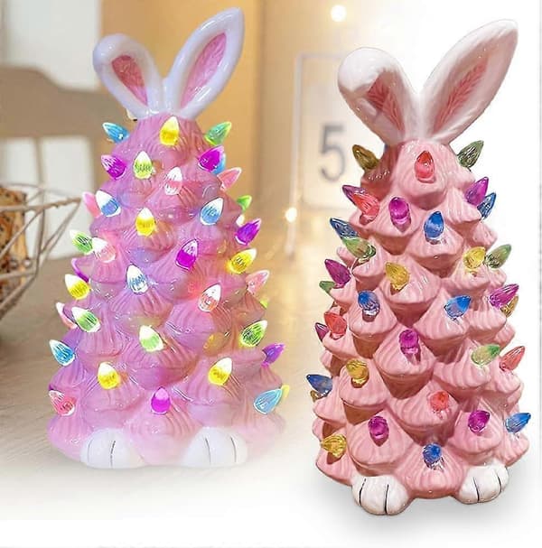 Easter Pink Bunny Tree, 2024 Lighted Easter Bunny Table Decoration with Colorful Lamp Beads, Bunny Ear Top Spring Easter Holiday