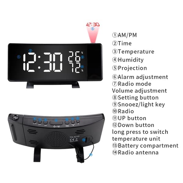 Multifunktionell LED-projektionsväckarklocka