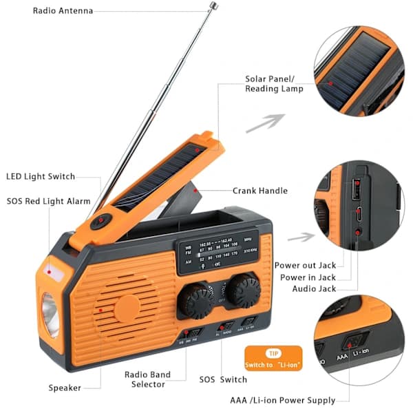 Håndsvingradio med solcelle, lommelygte og 5000mAh batteri
