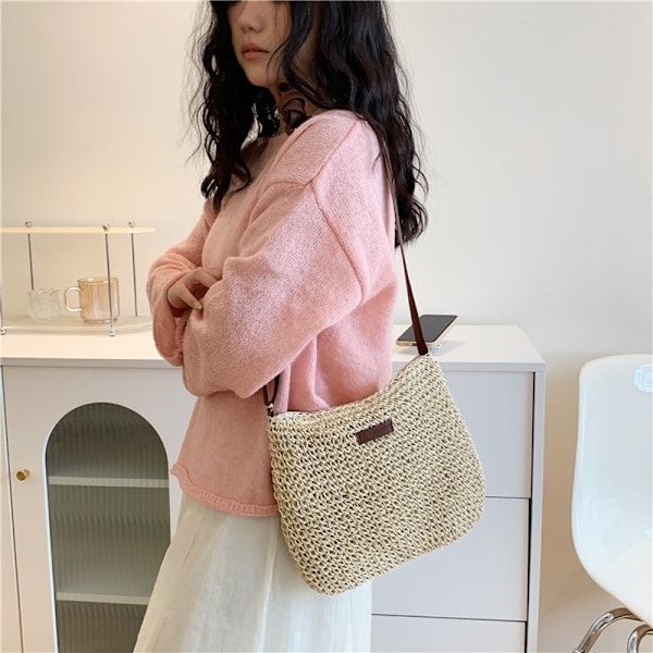 Sommarhalm Crossbody-väska Dam Strand Semester Vävd Axelväska Handväskor Beige