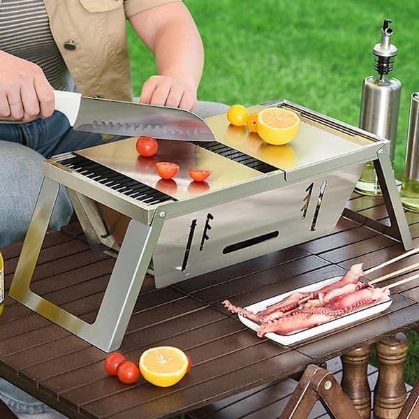 Bærbar sammenklappelig kulgrill i rustfrit stål med stor stegeflade til camping, picnic, baghave, standard standard