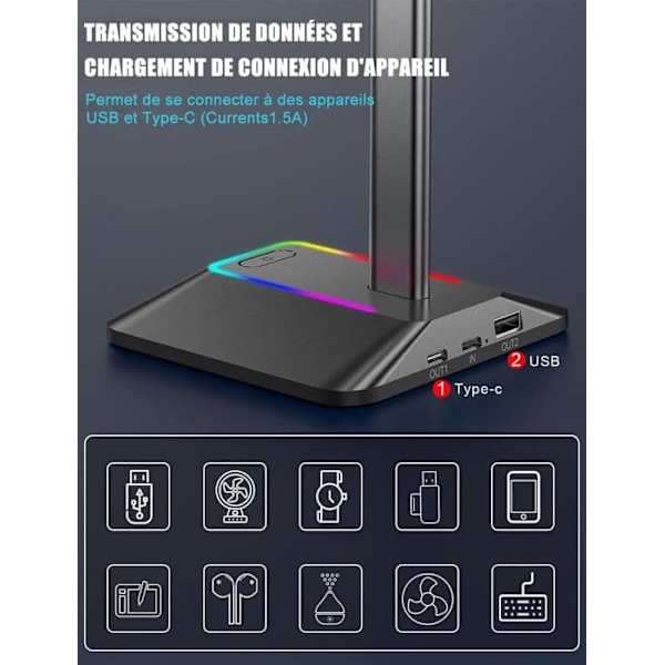 /QD/ Gaming Headset Stand - Z8 - RGB - 2 USB-C och USB-portar - Universell - Halkskydd