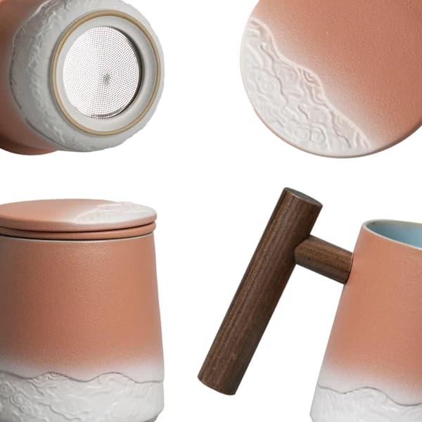 Ceramic Tea Cup with Infuser and Lid (38 cl), Tea Mug with Wooden Handle, Gradient Pattern and Cloud Sculpture Gift Packaging for Various Holidays (Pink)