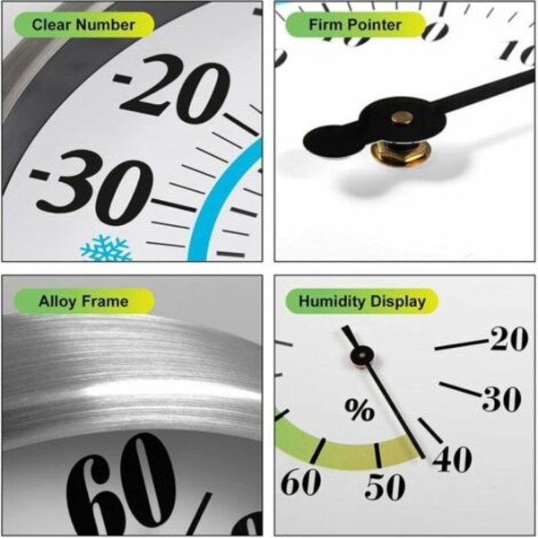 QQU-12\" Utendørs Termometer Store Tall - 2 i 1 Trådløst Innendørs Utendørs Termometer Hygrometer, Veggmontert Termometer Hygrometer