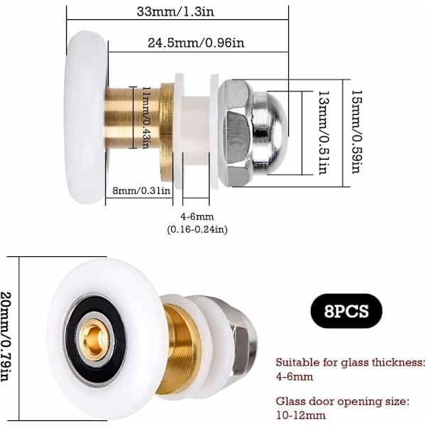 QD-Duschhjul för skjutdörrar 8 ersättningshjul i 20 mm mässing för skjutbara glasdörrar med kullager.