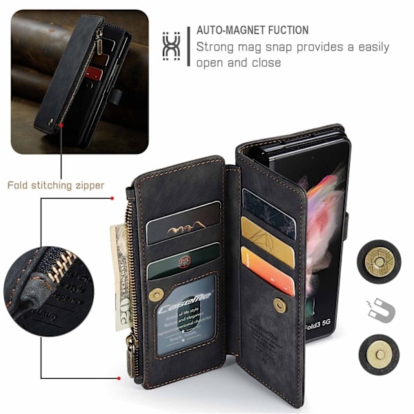 [QD] Deksel til Samsung Galaxy Z Fold 4, Nytt Retro Lommebokdeksel med Kortlommer, Multifunksjonelt Deksel med Magnetisk Stativ, Stropp og Glidelås