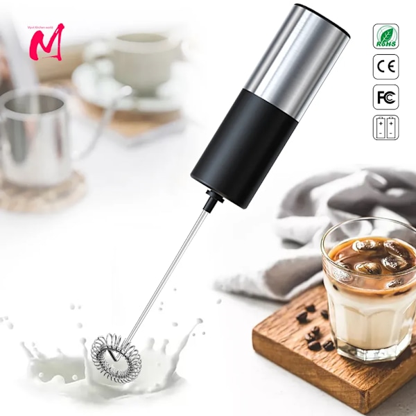 QU. Elektrisk Mælkeskummer Mælkeblander Håndholdt Drikkemixer med Stålstativ Skummaskine Piskeris Mini Blendere til Kaffe Varm Chokolade
