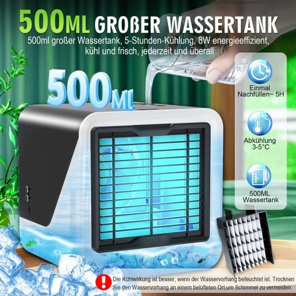 Bordventilator, Mini Luftkøler med 3 Hastigheder & Timer, Ventilator med Luftfugter til Hjemmet/Kontoret/Bilen