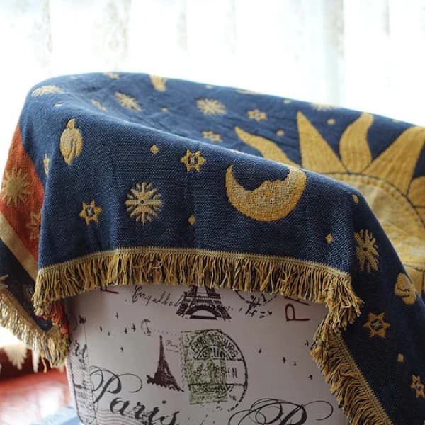 Jacquardvevd pledd Sol Måne Mønster Retro Sofatrekk Sofa Sengepynt Blå 90x150cm Blue 90x150cm