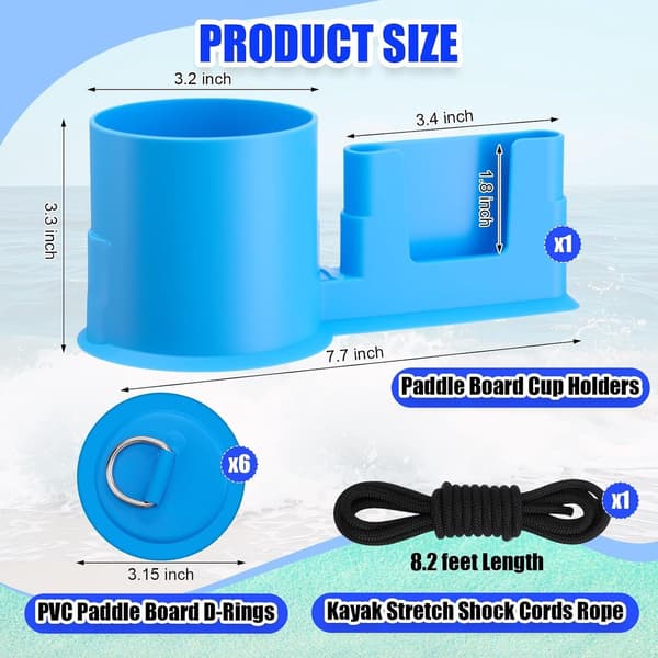 2-i-1 kopholder til paddleboard med telefonholder, 6 PVC D-ring-lapper og 2,5 meter elastisk bungee-snor, blå kopholder til paddleboards, kajakker, surfbrætter