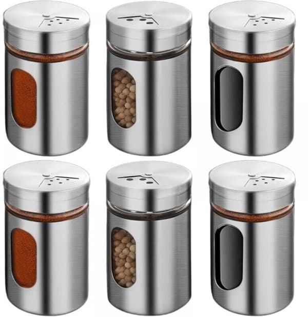 6-pak 80 ml krydderiglas med perforerede hængslede låg i rustfrit stål, salt-/krydderibeholdere