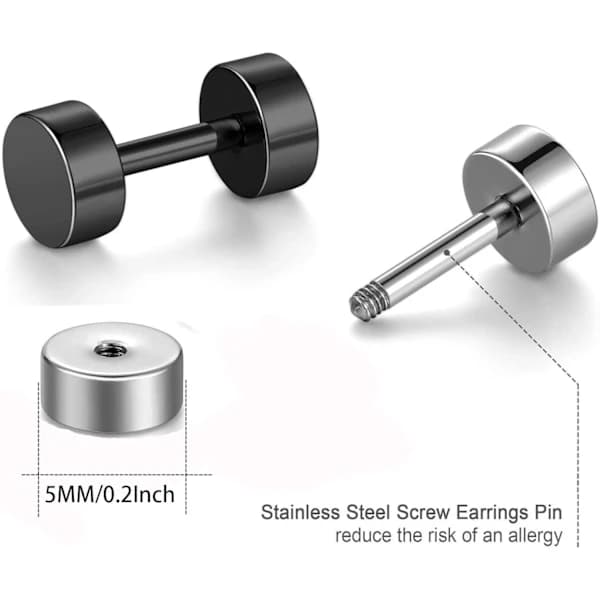 Øredobber, skrue i stål med flat bakside, 5 par (5MM)