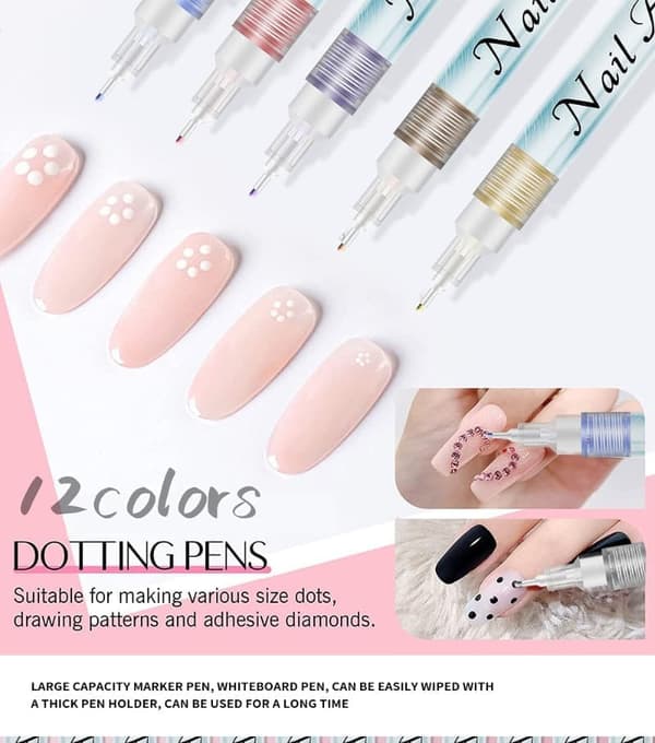 12 Pcs Nail Art Pens - 0.5mm Fine Tip, Waterproof and Quick-Drying Nail Pens