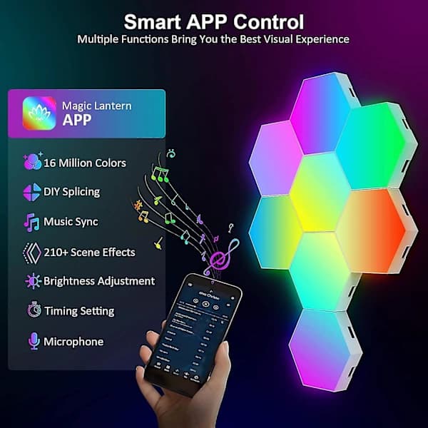 8-pak hexagon væglampe LED-panel - Smart App RGB hexagon modulær spillys musik med synkroniserings bikubeformede paneler hexagon lamper til sov...