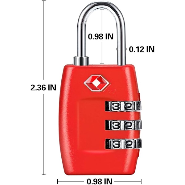 Bagagelås (4-pack) - 3-siffriga kombinationslås - Godkända reslås för resväskor och bagage (röd)
