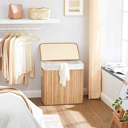 Stor tvättkorg i bambu med lock och sorteringsfack