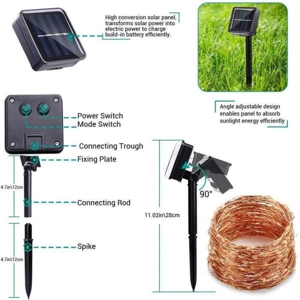 /QD/Utomhus Solcellsslinga, 12M 100 LED Koppartråd Solcellsslinga Varmvit Solcellsslinga för Dekoration