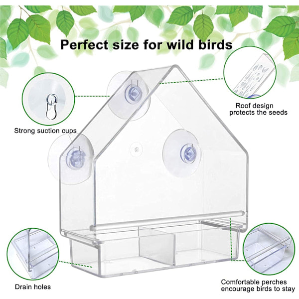 Fönsterfågelmatare för utomhusbruk med 3 starka sugkoppar