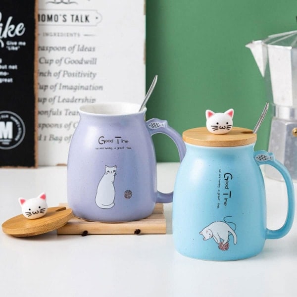 \"QD\" Keramisk Krus, Sød Kattekrus til Kaffe, Kawaii Kattekop med Låg og Rustfrit Stål Ske, Kaffe- og Mælkekrus, Blå, 420ML/14OZ